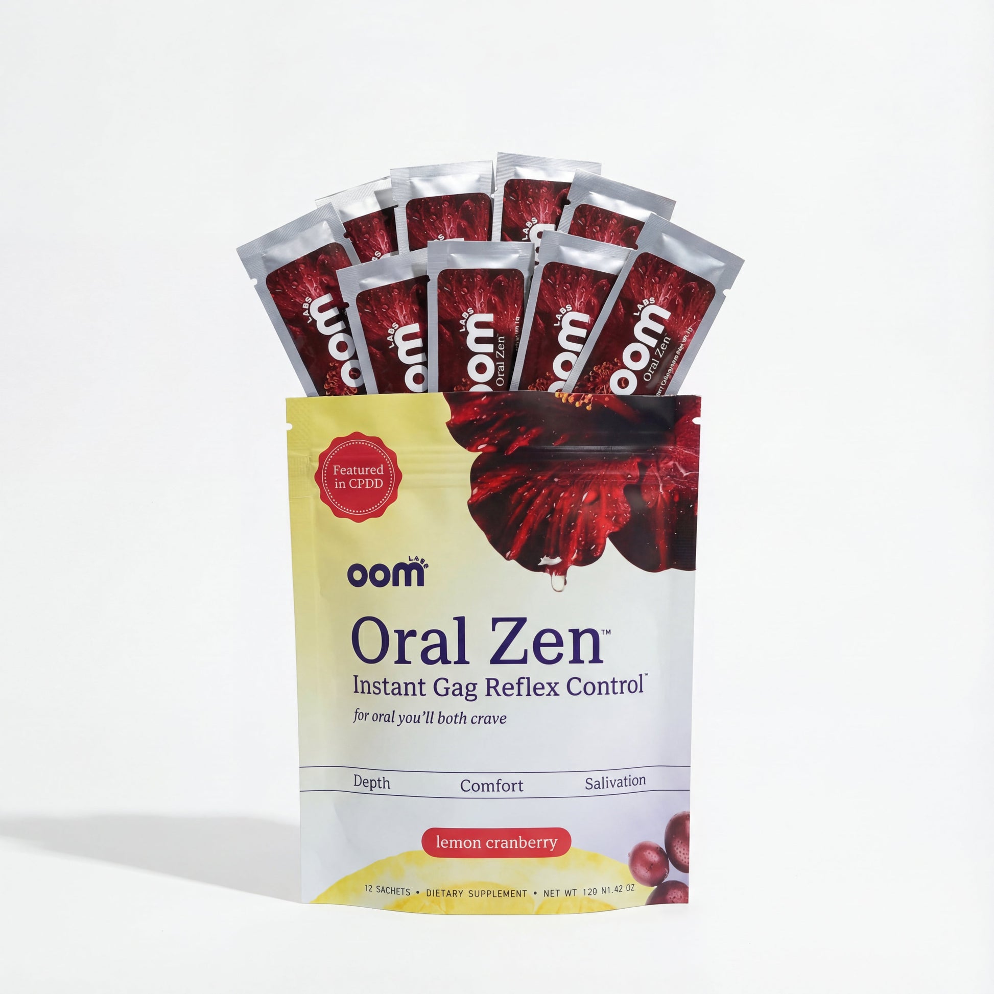 Packaging of Oom Oral Zen Instant Gag Reflex Control with lemon cranberry flavor on a white background