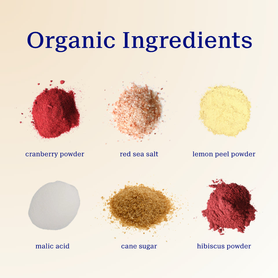Oral Zen's ingredients including cranberry powder, red sea salt, lemon peel powder, malic acid, cane sugar, and hibiscus powder on a beige background.
